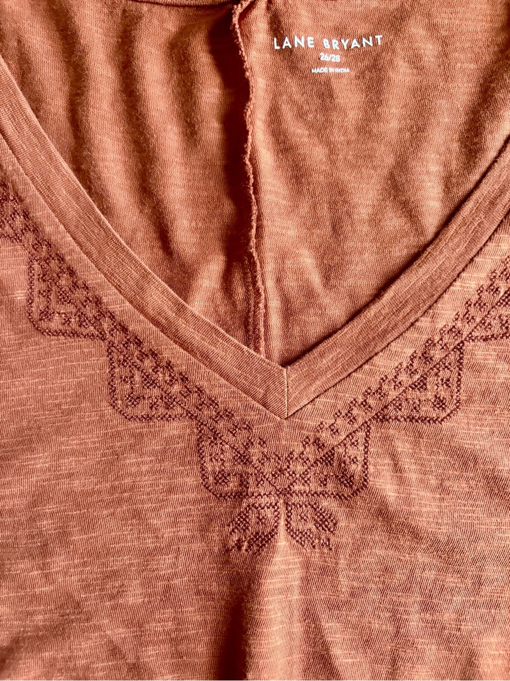 Lane Bryant Rust-Orange V-Neck Sweater with Embroidered Yoke